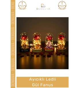 #Fanus Romantik Sevgililer Günü Yıldönümü Işıklı Dekoratif Şeffaf Ayıcıklı Ledli Gül Fanus