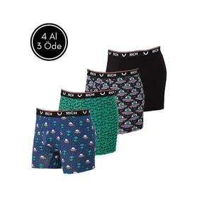 Erkek Likralı Desenli ve Düz 4'lü Boxer Paketi