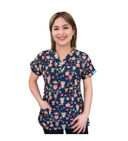 Unisex Kabaklı Baykuş Desenli Esnek Likralı Doktor Hemşire Hastane Cerrahi  Scrubs Tek Üst Forma (Lacivert)