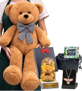 Büyük Boy Kahve Peluş Ayıcık, Kişiye Özel Işıklı Fanus ve Anka Kuşu Kolye Seti (Model 5)
