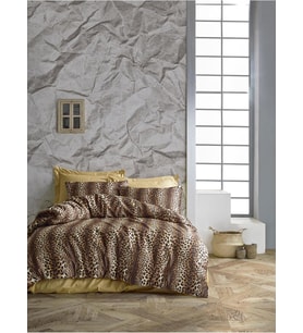 Çarşafı Lastikli Tek Kişilik Nevresim Takımı 2 Yastıklı, Leopar Desen, Kahve, 120x200 cm