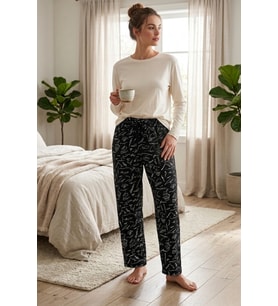 Kadın Büyük Beden Pamuklu Pijama Altı Lastikli Bel Rahat Kesim Battal Boy Soft Örme Siyah Imza Desenli