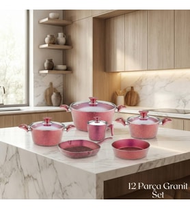 ARZU ÇELİK 12 Parça Granit Set Cam Kapak - Kırmızı
