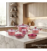ARZU ÇELİK 12 Parça Granit Set Cam Kapak - Kırmızı