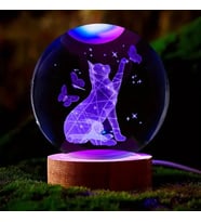 Kişiye Özel Işıklı Ahşap Kaideli Sevimli Kedi Temalı Cam Küre 8*6cm