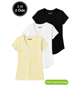 Kadın 3'lü Paket Siyah-Sarı-Beyaz %100 Organik Pamuk Normal Kesim Tişört V Yaka T-Shirt