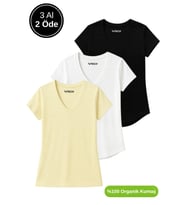 Kadın 3'lü Paket Siyah-Sarı-Beyaz %100 Organik Pamuk Normal Kesim Tişört V Yaka T-Shirt