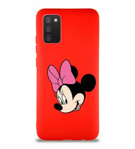 Samsung Galaxy A02S Soft Premier Kapak Minnie Mouse-B Tasarımlı Silikon Kılıf - Kırmızı (Şeffaf)