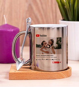 Kişiye Özel Youtube Tasarım Fotoğraflı Ahşap Altlıklı Silver Kupa Bardak