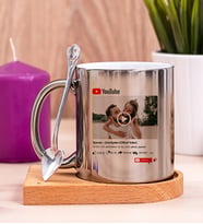 Kişiye Özel Youtube Tasarım Fotoğraflı Ahşap Altlıklı Silver Kupa Bardak