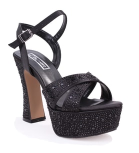 Dagoster DZA07-771900 Siyah Saten Çapraz Bant 12 cm Kalın Topuklu Platform Kadın Ayakkabı