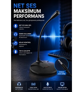 Gürültü Azaltıcı Siyah Masaüstü Bilgisayar Mikrofonu 3.5 mm Jack Esnek Boyunlu Oyun Toplantı Çoklu Kullanım