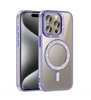 iPhone 15 Pro Kılıf Pırlanta Taş Tasarımlı M-safe Şarj Özellikli Karetta Silikon Kapak (Mor)