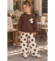Çiçek Desenl Kız Çocuk Kahverengi Sweatshirt & Eşofman 3ip Alt Üst Takım