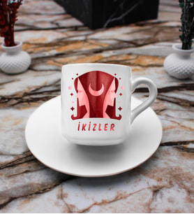 İkizler Burcu Tasarım Süblimasyon Türk Kahvesi Fincanı (Beyaz)