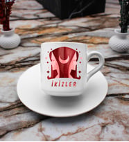 İkizler Burcu Tasarım Süblimasyon Türk Kahvesi Fincanı (Beyaz)
