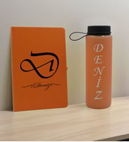 BK Gift Kişiye Özel İsimli Turuncu Defter ve Somon Cam Matara Hediye Seti-2, Sevgiliye Hediye, Arkadaşa Hediye, Yeni İş Hediyesi