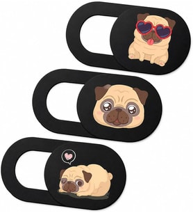 Lexroo Kamera Kapatıcı 3'lü Set, Pug Köpek Desenli Ultra İnce 0.8 mm Sürgülü Webcam Cover