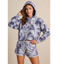 Kadın Lila Kapüşonlu Sweatshirt-Şortlu Alt Üst Takım Oversize Batik Desen İkili Takım