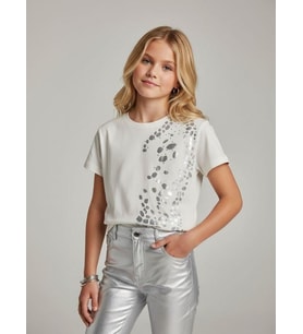 Kız Çocuk Taş Baskı Detaylı Basic T-shirt