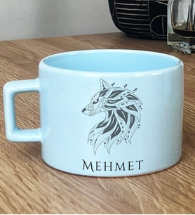 Kişiye Özel Etnik Kurt Hediye Pastel Fincan Babaya Sevgiliye Hediye (Mavi)