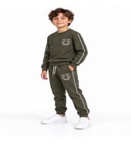 Haki Kaplan Nakışlı 3 İplik Çocuk Eşofman Takımı Bisiklet Yaka Biyeli Sweatshirt ve Jogger Alt