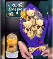 Büyük Boy Mor Ayıcık Buketi ve Led Işıklı Tasarım Fanus Seti (Model 4)