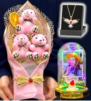 Kişiye Özel Renkli Led Işıklı Fanus, Büyük Boy Ayıcık Buketi ve Renkli Anka Kuşu Kolye (Model 7)