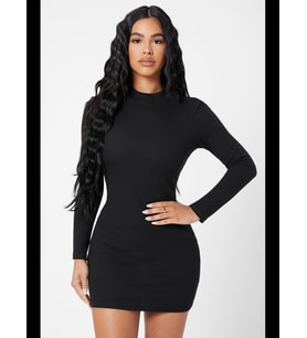 Fantezia Night Kadın Siyah Kaşkorse Balıkçı Yaka Uzun Kollu Bodycon Mini Elbise