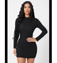 Fantezia Night Kadın Siyah Kaşkorse Balıkçı Yaka Uzun Kollu Bodycon Mini Elbise