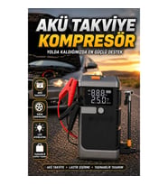 4’ü 1 Arada Taşınabilir Akü Takviye Cihazı Hava Kompresörlü LED Işıklı Powerbank