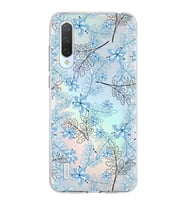 Xiaomi Mi 9 Lite Uyumlu Kapak Floral Mavi Tasarımlı Şeffaf Silikon Kılıf