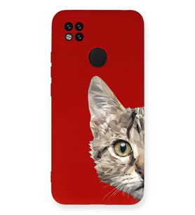 Xiaomi Redmi 9C Uyumlu Lansman Kılıf Catface Tasarımlı İçi Kadife Kapak-Kırmızı (Şeffaf)