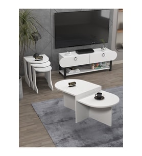 Tv Sehpası Ünitesi Tekli Orta Sehpa 3'Lü Zigon Sehpa Set Üç Ürün Beyaz