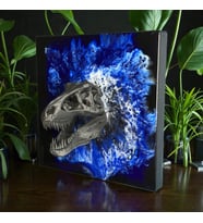 3D T-Rex Kafatası Mavi Epoksi Duvar Tablosu, El Yapımı Heykelsi Sanat Eseri, 35x35 cm, Modern & Statement Tasarım (Mavi - Siyah - Beyaz)