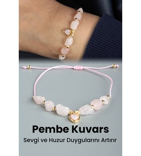 Pembe Kuvars Doğal Taş Tımbıl Kesim Kalp Figürlü Makrome Bileklik