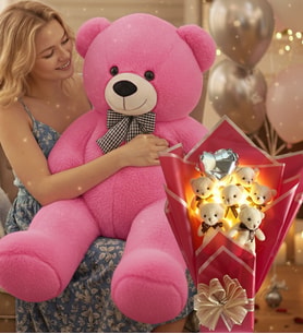 90 Cm Peluş Ayı ve LED Işıklı Romantik Balonlu Sütlü Kahve Ayıcık Buketi Doğüm Günü Hediyesi (Fuşya)