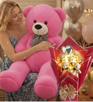 90 Cm Peluş Ayı ve LED Işıklı Romantik Balonlu Sütlü Kahve Ayıcık Buketi Doğüm Günü Hediyesi (Fuşya)