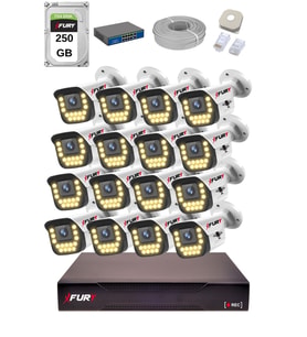 FURY 15 Warm LED Ip Güvenlik Kamera Seti 16 Kameralı Sesli 4mp Gece Renkli Su Geçirmez 1403s 250GB