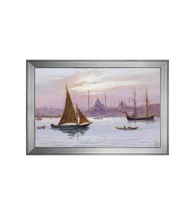 Halil Paşa İstanbul Boğazı Yelkenli Gemiler Motifli Kanvas Tablo 80 x 110 cm Silver Çerçeve