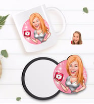 BK Gift Kişiye Özel Kadın Youtuber Karikatürlü Beyaz Kupa ve Ahşap Bardak Altlığı Hediye Seti-2