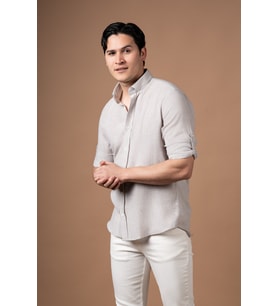 Slimfit Yaka Düğmeli Katlamalı Kol Keten Yazlık Gömlek