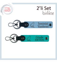 Kediyle Hayat Bambaşka Diyenlere, Patili Desenli, Kişisel Anahtarlık, Gök Mavi-Koyu Turkuaz
