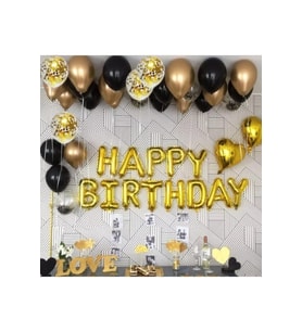 Happy Bırthday Gold Folyo Harf Balon Gold Krom Balon Pastel Siyah Balon Şeffaf Konfetili Balon Set