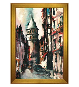 Yağlı Boya Galata Kulesi Motifli Kanvas Tablo 80 x 110 cm Gold Çerçeve