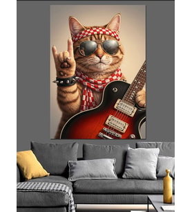 Gitar Çalan Rockçı Kedi Dekoratif Kanvas - Mdf Ahşap Tablo