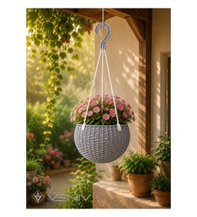 Rattan Desenli Askılı Saksı 2 Litre – Alt Tablalı Dekoratif Saksı