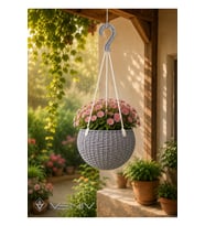 Rattan Desenli Askılı Saksı 2 Litre – Alt Tablalı Dekoratif Saksı