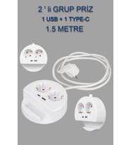 Priz 2 Li  1 USB + 1 TYPE-C Girişli Grup Uzatma Kablosu Telefon Standlı Priz 1.5 Metre Kablolu (Beyaz)