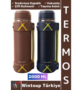 #Termos Kamp Outdoor Piknik Sızdırmaz Kapaklı Çift Katmanlı Vakumlu Taşıma Askılı Mug Termos 2000 ML